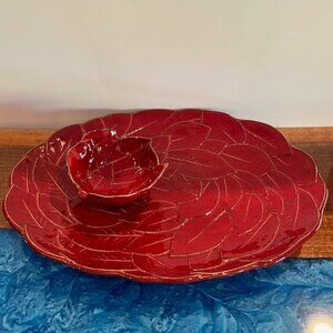 Italy Vietri Foglia Leonardo Majolica Red Leaves Oval Platter Tray with Dip Bowl